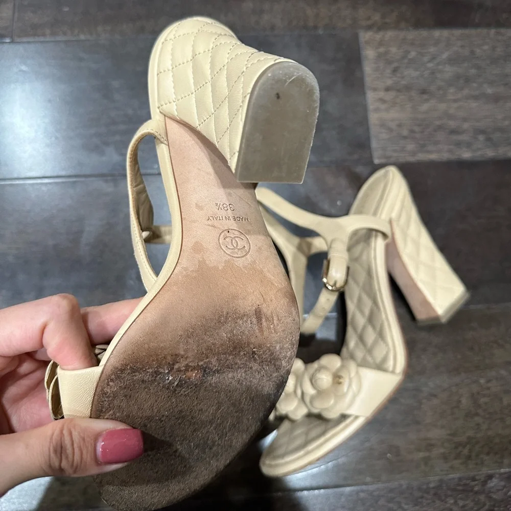 CHANEL Camellia Quilted Leather Block Heel Sandals Beige EU 38.5
